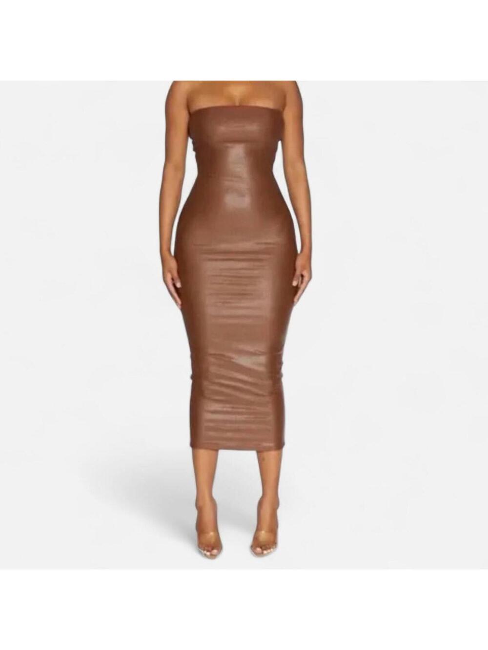 Naked wardrobe strapless brown faux leather dress